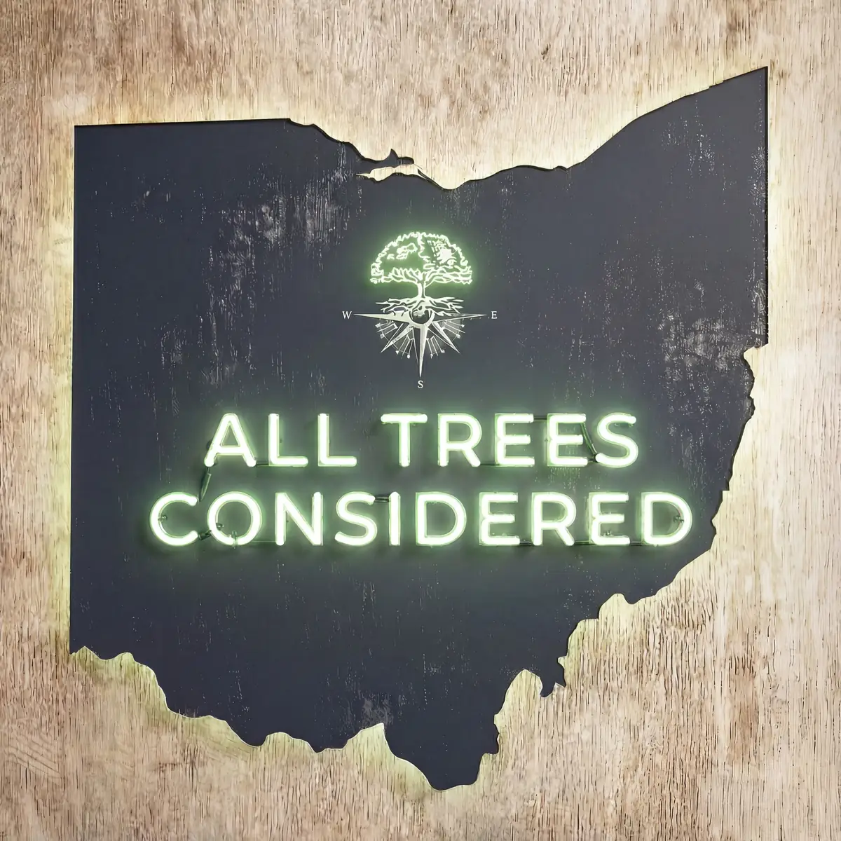 All Trees Considered neon sign in the shape of Ohio