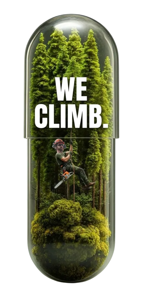 WE CLIMB — Wes climbing inside a tree capsule